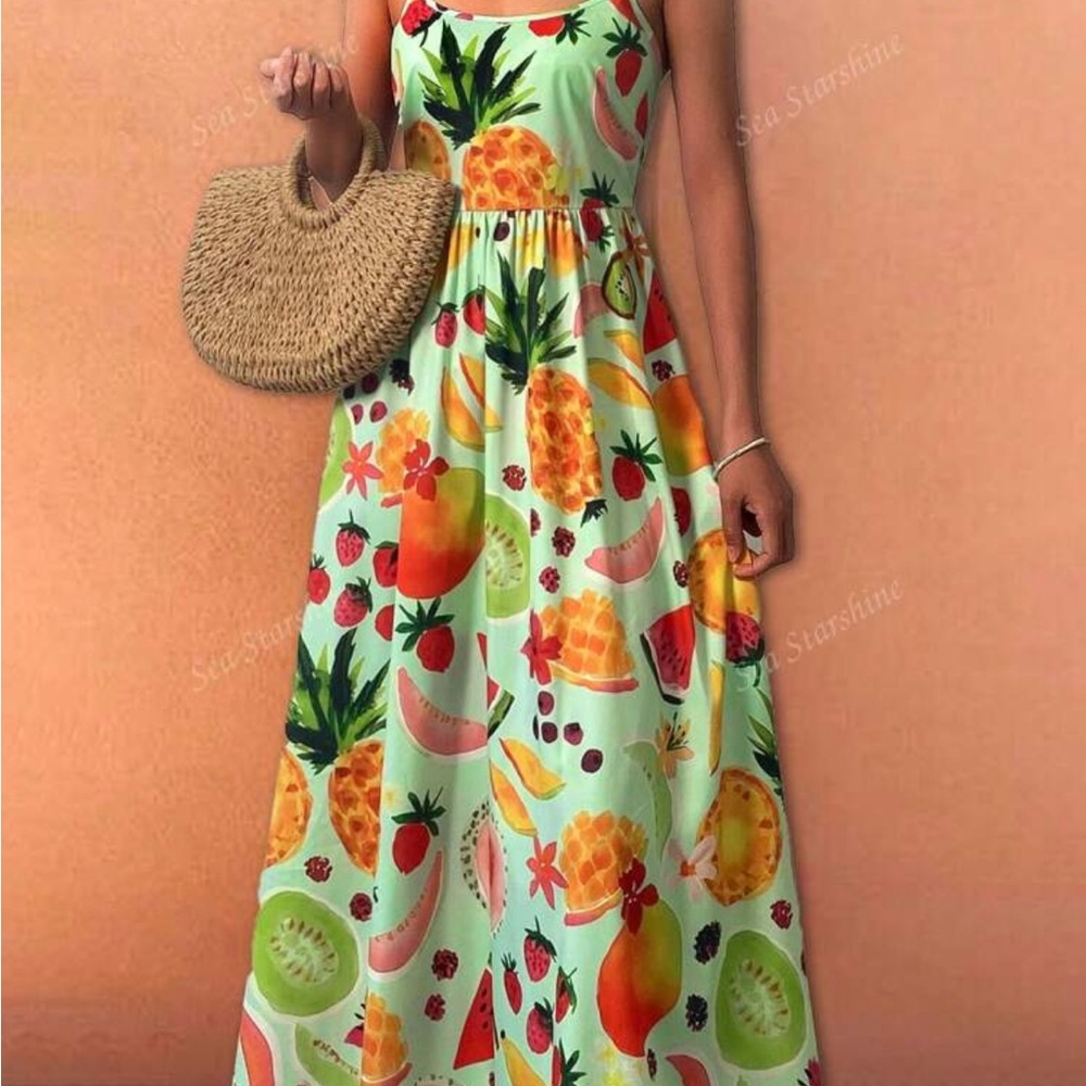 Women's Fruit Print Maxi Dress - Green
